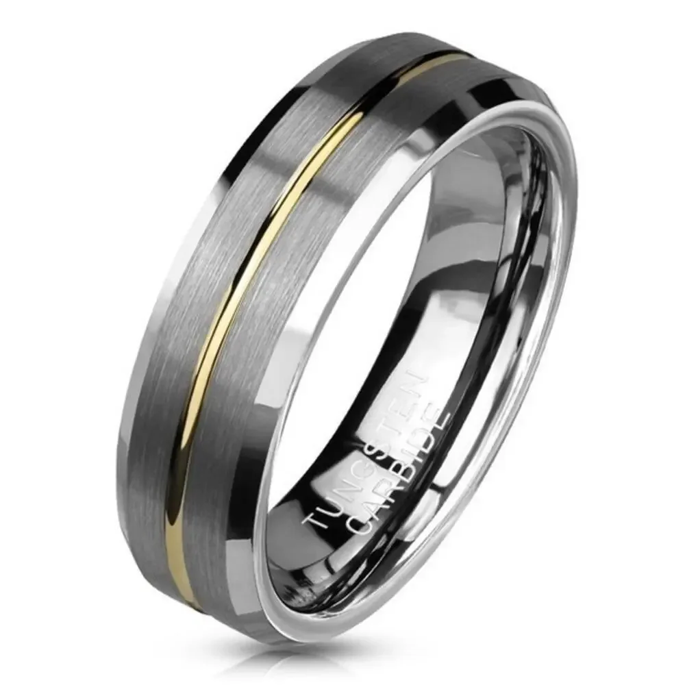 Brushed Finish Gold Groove Beveled Edges Tungsten Carbide Ring.‎ 6mm size 11